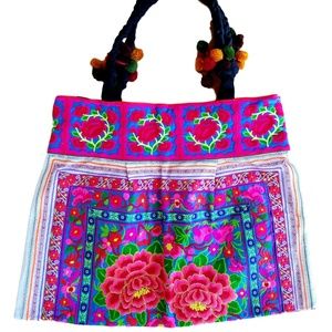 BOHO TRAVEL BAG EMBROIDERED Chic TOTE FLORAL THAI